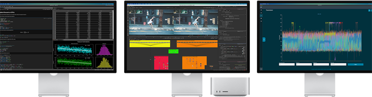 Mac Studio and three Studio Displays, all featuring different macOS apps onscreen