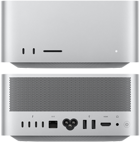 Mac Studio front 2 USB-C ports and SDXC card reader, and back view of 4 USB-C and 2 USB-A ports, Ethernet port, HDMI connection, and headphone jack