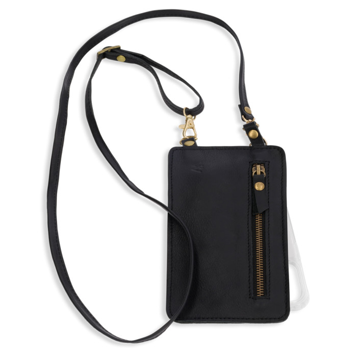 Woman On The Move Black Leather Purse & Strap with Gold Fittings